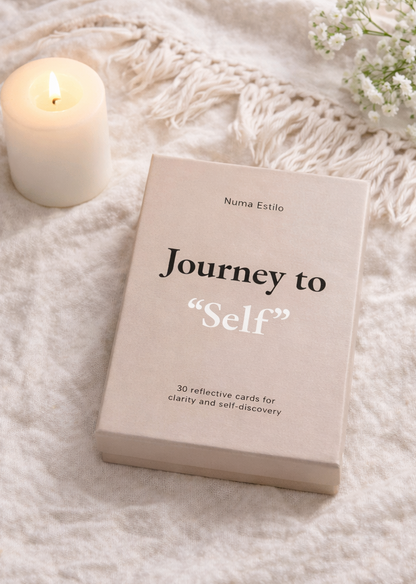 Book titled 'Journey to Self' by Numa Estilo on a soft surface with a candle and flowers.